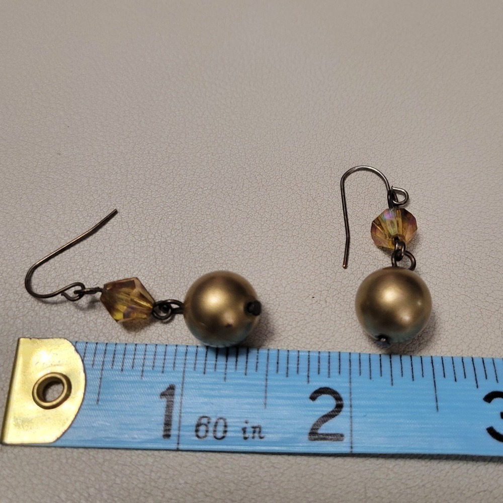 Unsigned Aurora Borealis Bead Gold Imitation Pearl French Hook 1.5" Earrings - Picture 2 of 2
